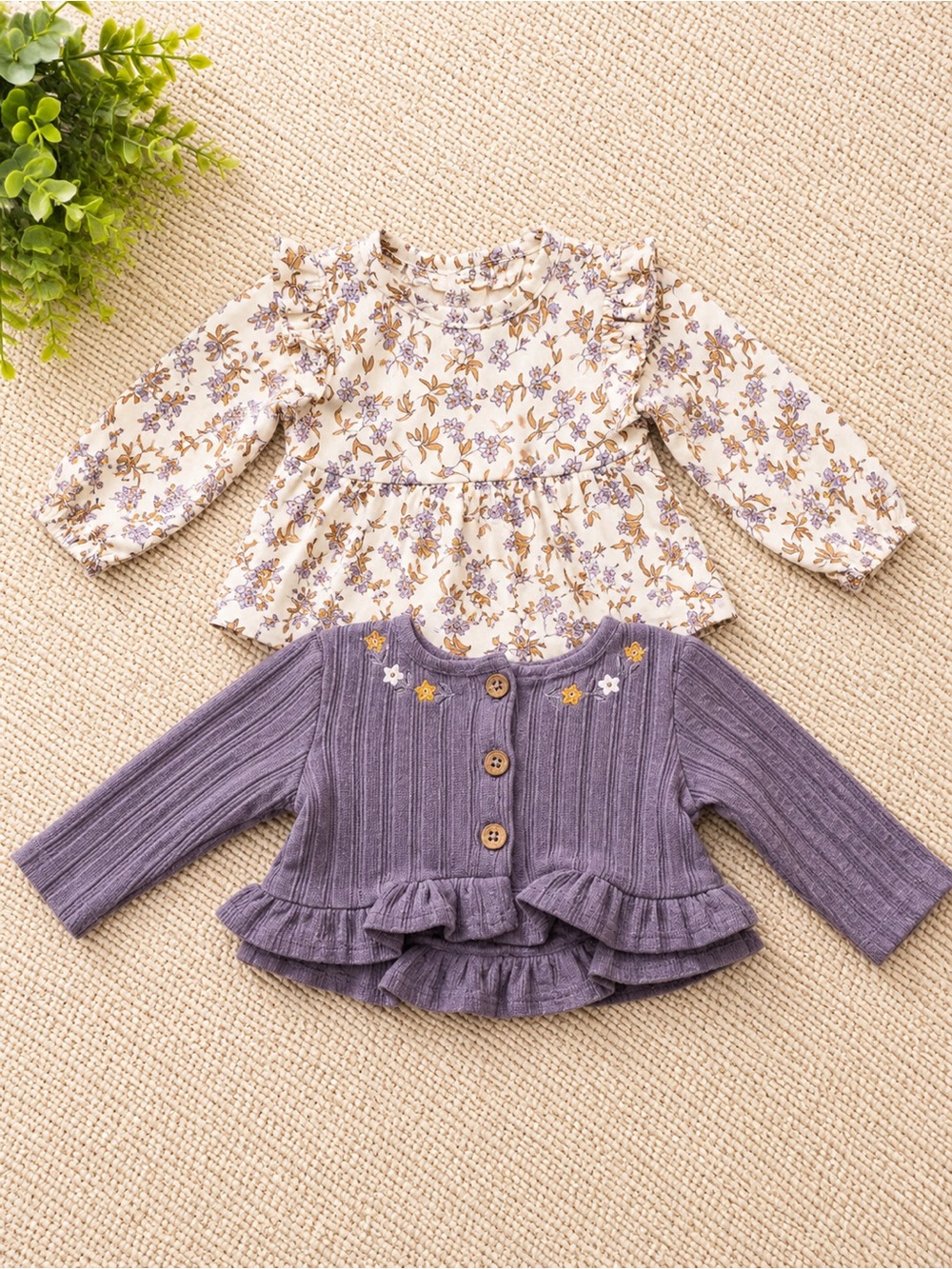 Baby Floral Cream Top & Purple Ruffle Cardigan Set